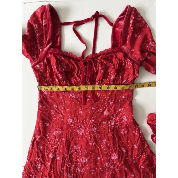 Free People Tess Mini Dress XS Red Floral Y2K Milkmaid Velvet Trim Empire Waist - Picture 8 of 11
